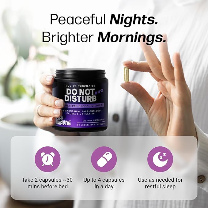Life Happns Do Not Disturb Sleep Aid for Adults Natural Supplement with L-Theanine, Magnesium, Passion Flower & Evodia Fruit for Restorative Sleep Melatonin-Free, Non Habit-Forming, 60 Capsules