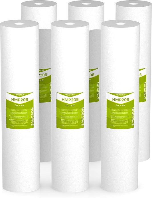 5 Micron Whole House Water Filter Cartridge, Sediment Filters for Well Water, Universal Replacement for Any 20 inch Big Housings - 20" x 4.5" Cartridges - Pack of 6