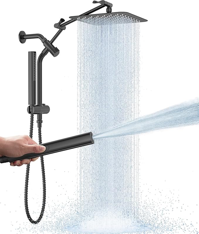 Veken 10" Luxurious All Metal Rain Shower Head with Handheld Spray Combo, High Pressure Rainfall Square Shower Heads with Extension Arm, Wide Dual Showerhead, Bathroom Accessories, Matte Black