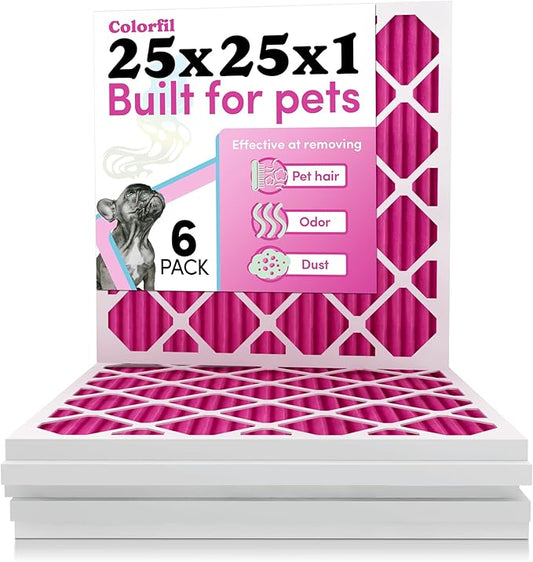 25x25x1 Air Filter by Colorfil | Color Changing Filters for Cat and Dog Odor | MERV 8 Furnace AC Filter for Pet Hair and Dust | 24.5"x24.5"x0.75" Exact Size | Pack of 6