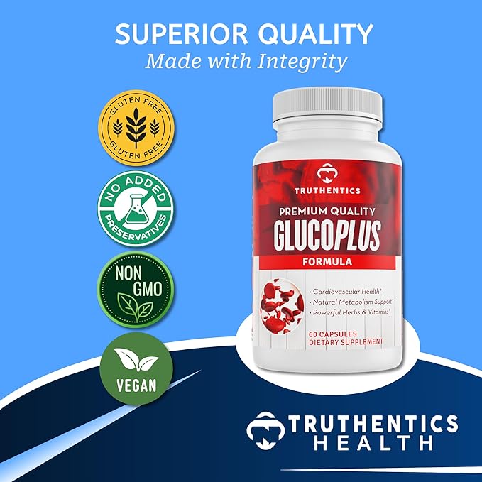 TRUTHENTICS GlucoPlus - 20 Herbs, Vitamins & Minerals with Cinnamon, Chromium, Vanadium, Bitter Melon, Alpha Lipoic Acid, Magnesium - Gluten Free, Non-GMO - 60 Capsules