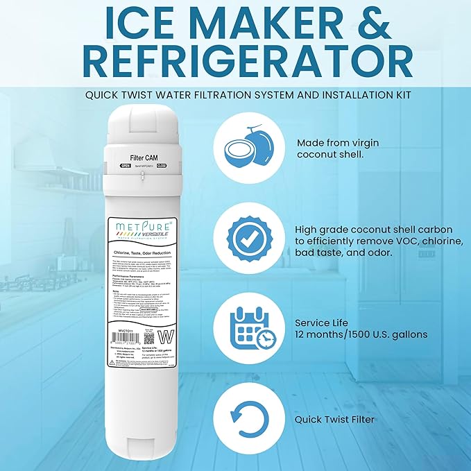 Versatile Inline MVCTO11-KIT Quick Twist Water Filter 1/4" for Refrigerator, Ice Maker, Coffee Maker, Reduces Bad Taste, Odor, Chlorine in Drinking Water. Complete Kit.