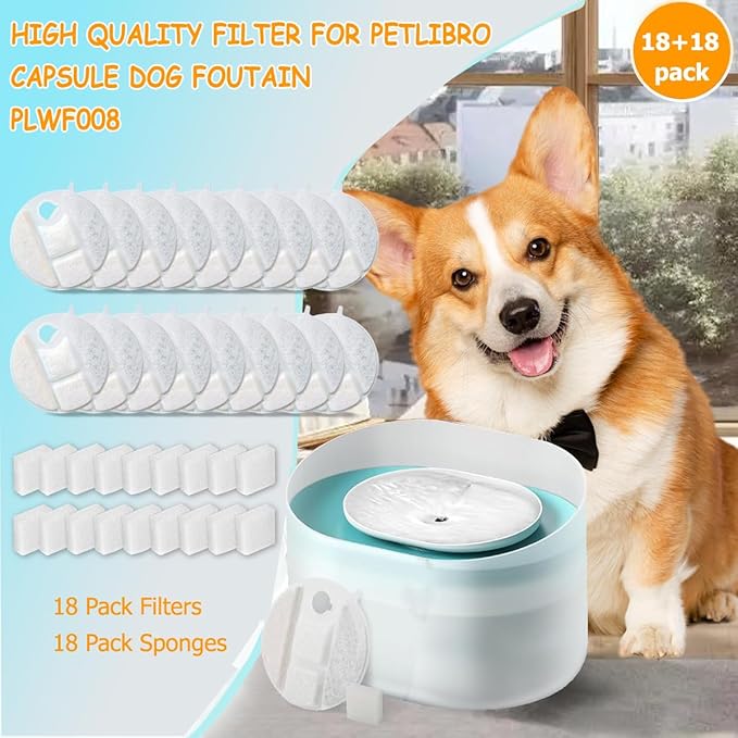 18 Pack Dog Water Fountain Replacement Filters for Petlibro Capsule Dog Fountain PLWF008,Dog Water Fountain Filter with Replacement Pre-Filter Pump Sponges. (18)