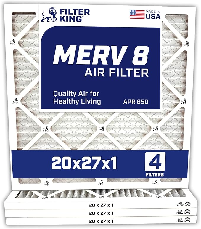 Filter King 20x27x1 Air Filter | 4-PACK | MERV 8 HVAC Pleated A/C Furnace Filters | MADE IN USA | Actual Size: 20 x 27 x .75"