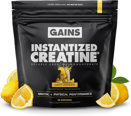 Gains in Bulk Instantized Creatine Monohydrate for Women and Men, Soluble Pre Workout Powder, Supports Muscle Building, Strength and Performance, Bodybuilding Supplements, Sweet Lemonade, 30 Servings