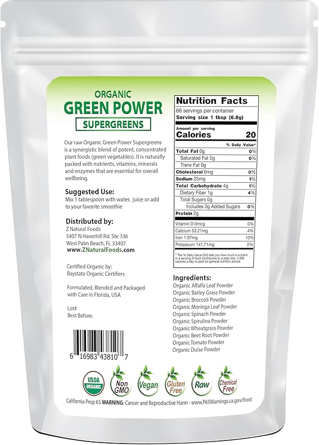 Z Natural Foods Organic Greens Superfood Powder - Barley Grass, Wheatgrass, Spirulina, Spinach, Broccoli, Alfalfa Leaf, Beet Root, Tomato, Dulse & Moringa - Raw Vegan Gluten Free - 1lb
