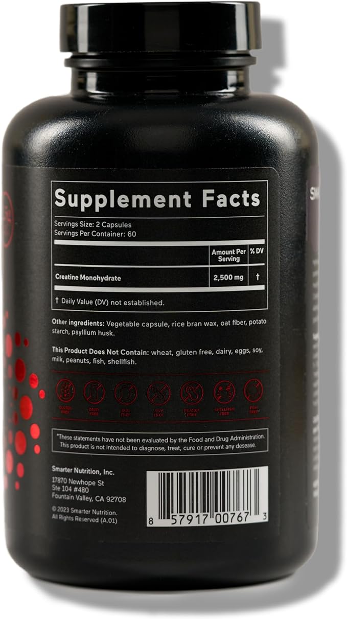 SMARTERNUTRITION Creatine Monohydrate Pills with 2500mg (2.5g) Per Serving, Vegan Capsules - Pre & Post Workout Recovery Support, Promotes Muscle Mass &. Endurance - 120 Count[60-Day Supply]