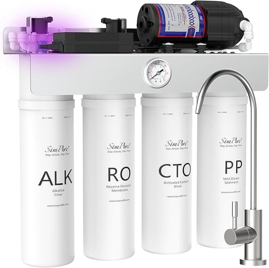 SimPure T1-400ALK Alkaline UV Reverse Osmosis System, NSF/ANSI 58 Certified, Tankless RO Water Filter System 400 GPD, pH+ Remineralization Water Filtration Under Sink, BPA Free, Built-in Pump