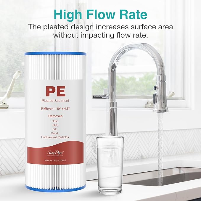 SimPure 10"x4.5" Pleated Sediment Water Filter, 5 Micron Whole House Water Filter Cartridge for Well Water Compatible with FXHSC, ECP20-BB, R50-BBSA, CB1-SED10-BB (4 Pack)