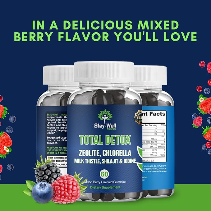 Total Detox, Heavy Metal Detox for Adults- Zeolite, Chlorella, Milk Thistle, Shilajit & Iodine, Toxin Cleanse, Pineal Decalcification, Fluoride Cleanse, Heavy Metal Cleanse, 60 Mixed Berry Gummies