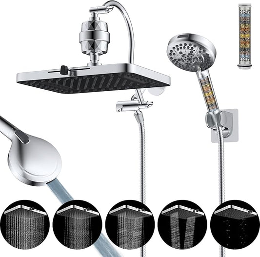 Hibbent Upgraded 5-spray 13'' Dual Filtered Rainfall Shower Head Combo, High Pressure 10-setting Handheld Shower Head with 12'' Adjustable Extension Arm, 20 Stage Shower Filter, 71'' Hose, Chrome