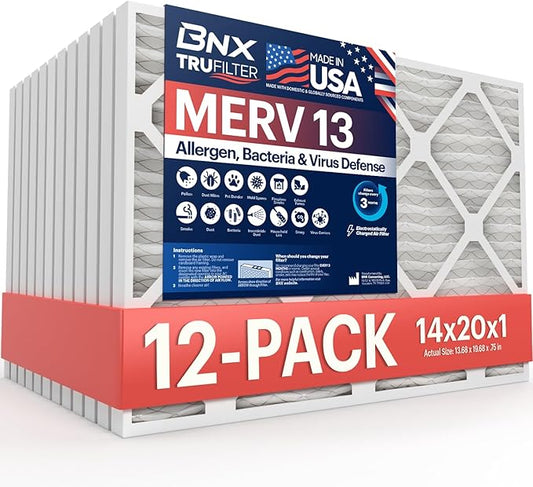 BNX TruFilter 14x20x1 MERV 13 (12-Pack) AC Furnace Air Filter - MADE IN USA - Electrostatic Pleated Air Conditioner HVAC AC Furnace Filters - Removes Pollen, Mold, Bacteria, Smoke