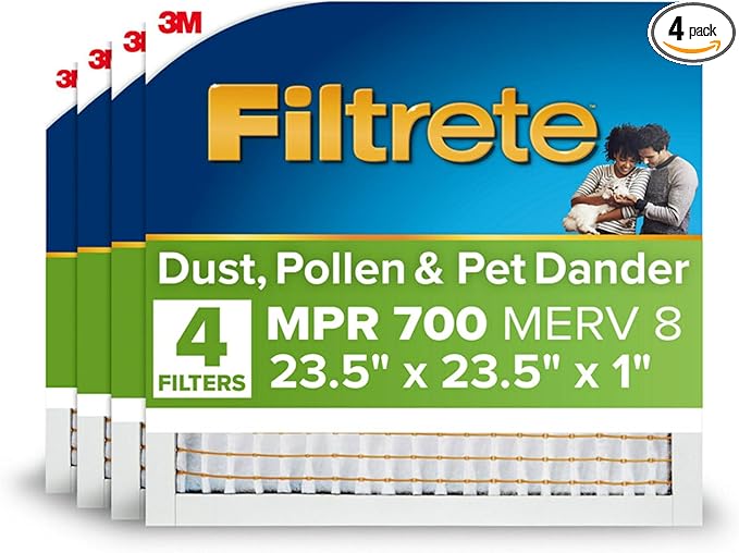 Filtrete 23.5x23.5x1 AC Furnace Air Filter, MPR 700, MERV 8, Tough on Pollen, Easy on Airflow, 3-Month Pleated 1-Inch Electrostatic Air Cleaning Filter, 4-Pack (Actual Size 23.19 x 23.19 x 0.81 in)