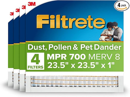 Filtrete 23.5x23.5x1 AC Furnace Air Filter, MPR 700, MERV 8, Tough on Pollen, Easy on Airflow, 3-Month Pleated 1-Inch Electrostatic Air Cleaning Filter, 4-Pack (Actual Size 23.19 x 23.19 x 0.81 in)