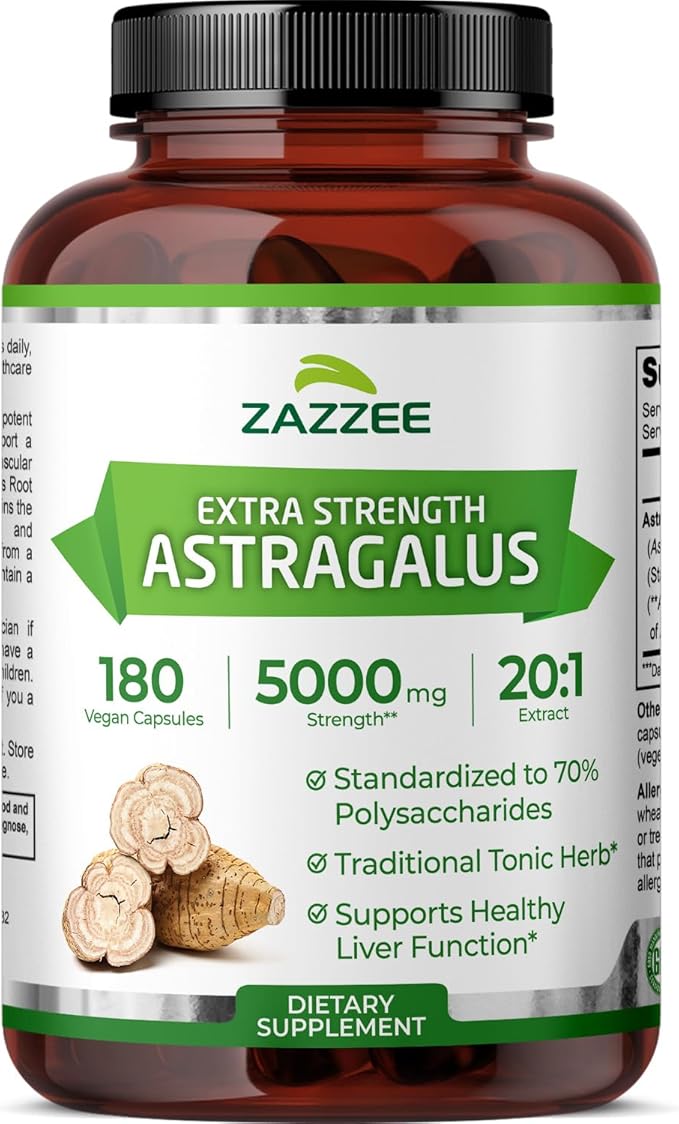 Zazzee Extra Strength Astragalus Root 20:1 Extract, 5000 mg Strength, 70% Polysaccharides, 180 Vegan Capsules, 6 Month Supply, 100% Vegetarian, Standardized and Concentrated 20X Extract, Non-GMO