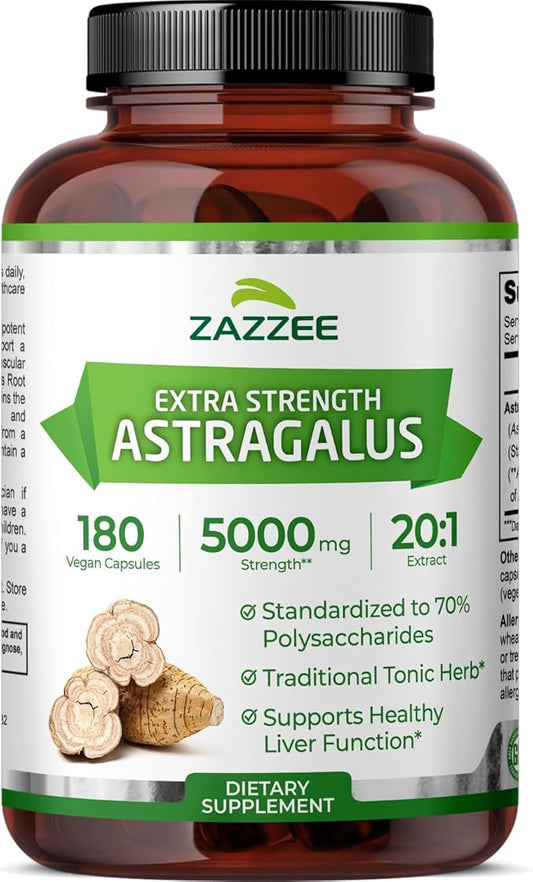 Zazzee Extra Strength Astragalus Root 20:1 Extract, 5000 mg Strength, 70% Polysaccharides, 180 Vegan Capsules, 6 Month Supply, 100% Vegetarian, Standardized and Concentrated 20X Extract, Non-GMO