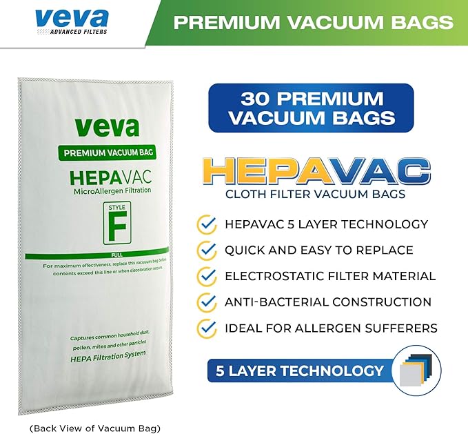 30 Pack HEPA Filter Bags Style F for Kirby Vacuum 204811, 204814, 205811, Avalir I, II, Sentria I, II, Ultimate G, Diamond, G3, G4, G5, G6, G7