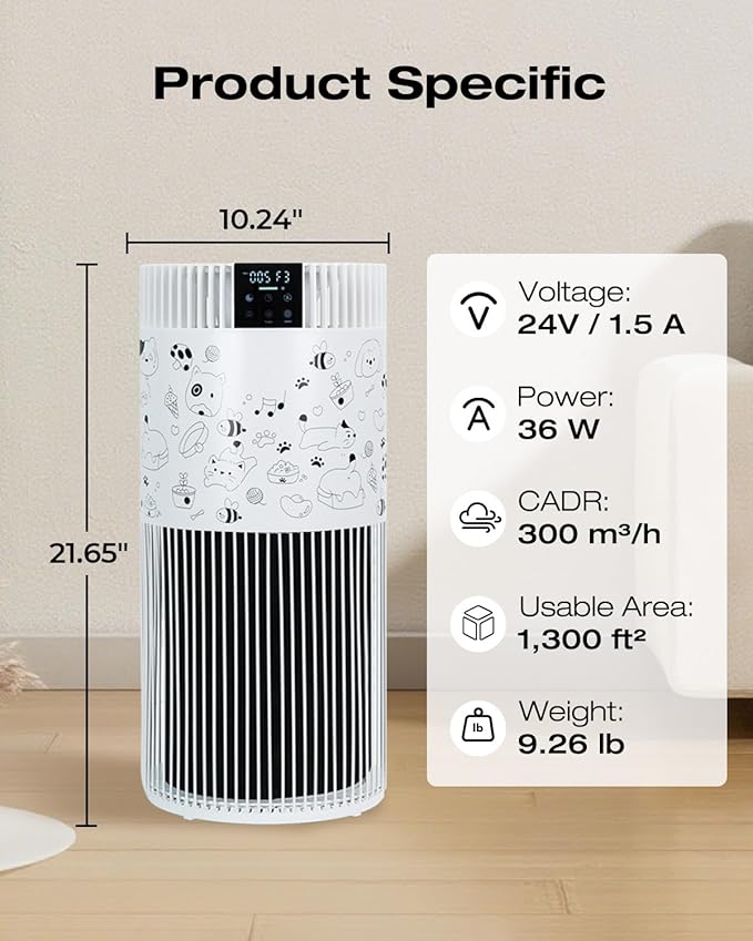 Air Purifier for Home Bedroom up to 1300 ft², HEPA Air purifier with PM 2.5 Display for Home Pets with Washable Pre-Filter, Pattern