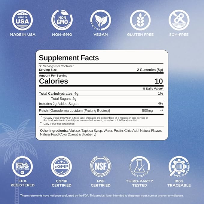 MYCL Serenity Reishi Mushroom Gummies for Adults - 500mg Whole Fruiting Body Extract - Sleep Gummies for Adults and Kids - Vegan, Gluten-Free - Stress Relief, Relaxation - Elderberry Kiss, 60 Count