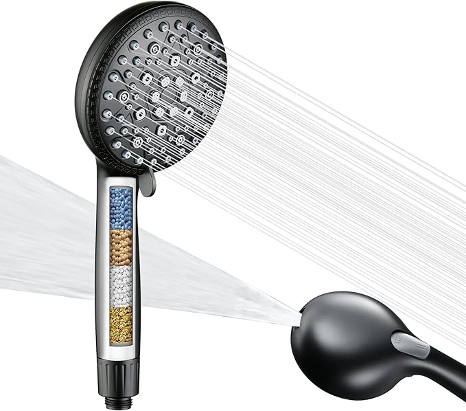 SUMERAIN Hard Water Filter Showerhead with 9 Spray Modes, KDF filtration & Vitamin C Skin Care 3-Month Replacement Filter for California/Texas/Illinois, Matte Black