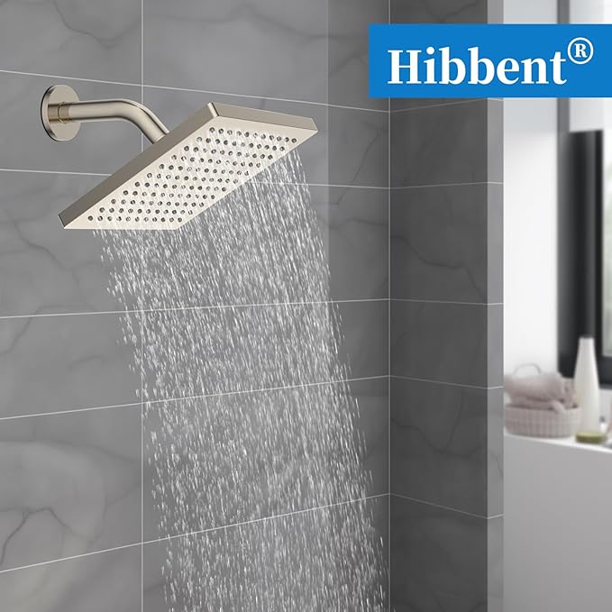 Hibbent Thickness Metal Rain Shower Head, 8 Inch High Pressure Rainfall Shower Head, Bathroom Waterfall Shower Heads, High Flow Fixed Showerheads with Adjustable Brass Ball Joint, Brushed Nickel