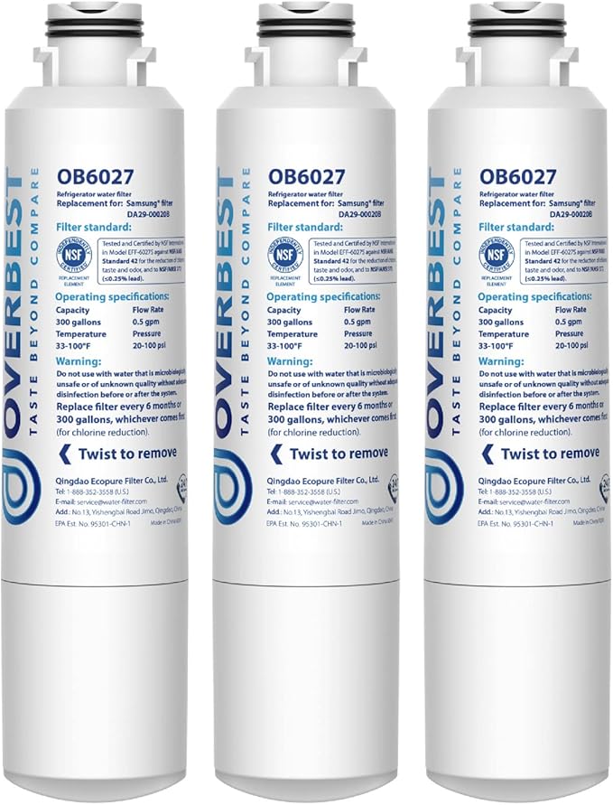 Overbest DA29-00020B Refrigerator Water Filter, Replacement for Samsung HAF-CIN, 46-9101, RF28HMEDBSR, RF4287HARS, RF263TEAESG, RH22H9010SR, 3 Filters