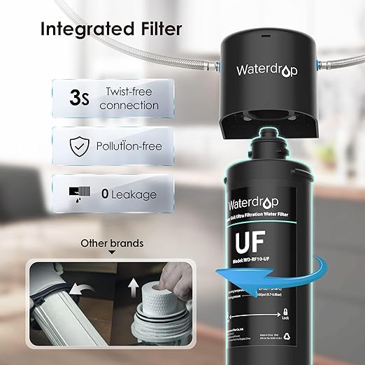 Waterdrop 10UA-UF 𝟎.𝟎𝟏 μ𝐦 𝐔𝐥𝐭𝐫𝐚 𝐅𝐢𝐥𝐭𝐫𝐚𝐭𝐢𝐨𝐧 Under Sink Water Filter for Baçtёria Reduction, 11000 Gallons, Reduces Lead, Chlorine, Bad Taste & Odor, Direct Connect to Kitchen Faucet