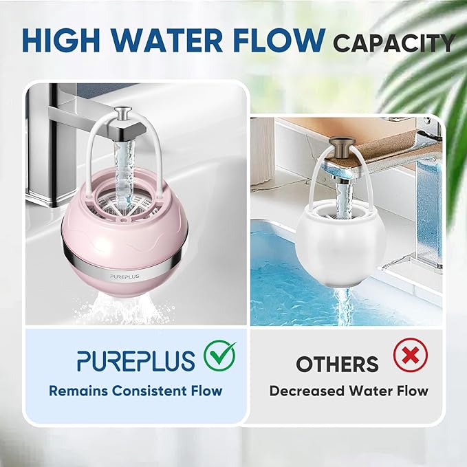PUREPLUS Bathtub Bath Water Filter for Tub, 8 Stages Kinder Filter for Bathtub, 2500 Gallons Filtration, Removes Contaminants for Softer Skin and Hair, Reduces Chlorine & Heavy Metals, BPA Free, Pink