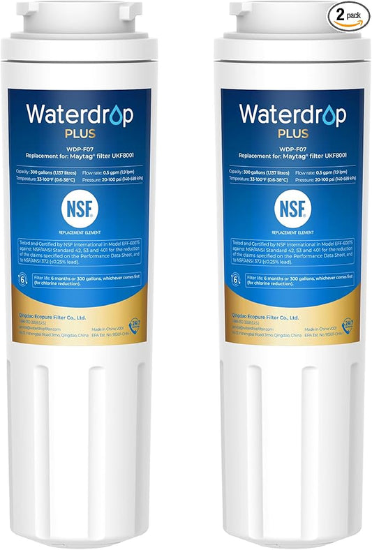 Waterdrop Plus UKF8001 NSF 401,53 Certified Refrigerator Water Filter, 𝐑𝐞𝐝𝐮𝐜𝐞 𝐏𝐅𝐀𝐒, Replacement for Whirlpool® Everydrop® Filter 4, EDR4RXD1, Maytag® UKF8001AXX, 2 Filters (Package May Vary)