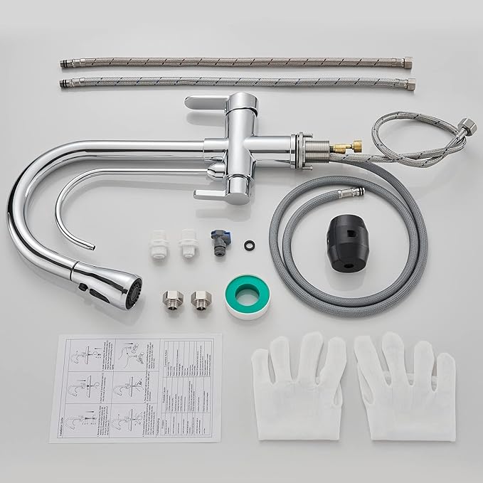 3 in 1 Kitchen Faucet with Drinking Water Faucet, 2 Handle Pull Down Kitchen Sink Faucet Water Filter Purifier Faucets (Chrome)