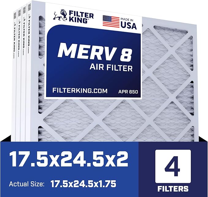 Filter King 17.5x24.5x2 Air Filter | 4-PACK | MERV 8 HVAC Pleated A/C Furnace Filters | MADE IN USA | Actual Size: 17.5 x 24.5 x 1.75"