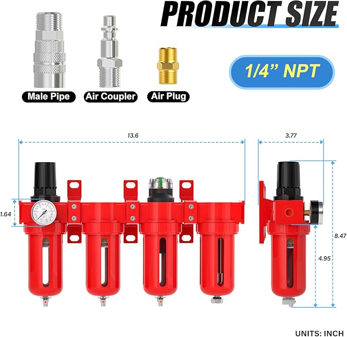 1/4" NPT Industrial Grade 4 Stage Aluminum Air Drying System, Coalescing Filter, Double Particulate Filter, Desiccant Dryer and Air Regulator,Manual Drain For Plasma Cutter and Paint Spray