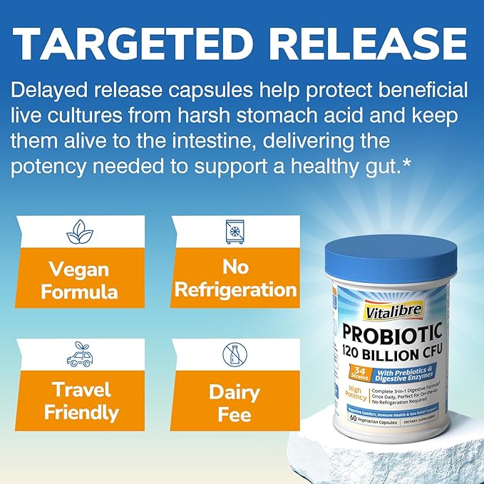 Probiotics for Women and Men, 120 Billion CFU 34 Strains, with Digestive Enzymes & Prebiotics, No Gluten, Gut Health, Digestive Health, Bloat Relief, 60 Veggie Caps