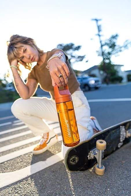 LifeStraw Go Series – BPA-Free Water Filter Bottle for Travel and Everyday use removes Bacteria, parasites and microplastics, Improves Taste, 22oz Kyoto Orange