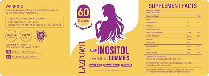 Myo-Inositol & D-Chiro Inositol,Inositol Gummies with Vitamin D3, Magnesium Glycinate, Omega-3, Folate & Zinc, Inositol Supplement Menstrual Cycle for Women-40:1 Ratio-30 Day Supply