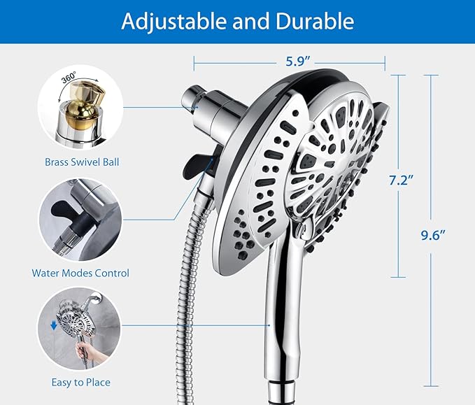 2-in-1 Shower Head with Handheld Combo: 2.5GPM Rainfall Shower Head & Handheld Shower Head Use Together or Alone, 9 Spray Settings Hand Held Shower Head with Hose, Shower Trim Systems