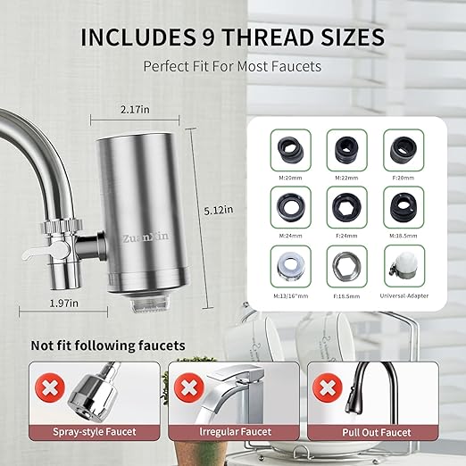 Stainless Steel Water Filter for Sink Faucet, Water Purifier for Kitchen Sink, Reduces PFAS, Lead, Chlorine & Microplastics, 350 Gallons Long-Lasting for Kitchen & Bathroom, 2 Filters