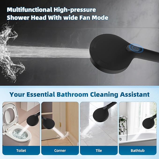 Hibbent All Metal Shower Head, 12'' High Pressure Rain Shower Head/Handheld Showerhead Combo with 16'' Adjustable Arc-shaped Extension Arm, 10 Sprays, 71'' Hose, Showerhead Holder, Matte Black