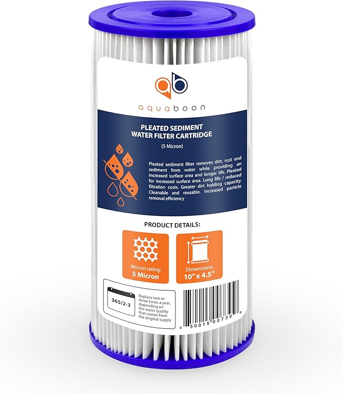Aquaboon 5 Micron Pleated Sediment Water Filter 10 x 4.5 Cartridge - Whole House Water Filter Replacement - Whole House Water Filters Cartridges Compatible with Well Filters FXHSC, R50-BBSA, 4-Pack