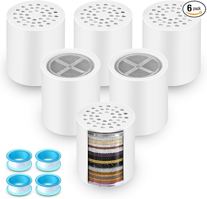 6 Pack 20 Stage Shower Filter Replacement Cartridge, Shower Head Filter Refill for Hard Water to Remove Chlorine Fluoride Heavy Metal, High Output Bath Cartridges for Skin Hair Healthy