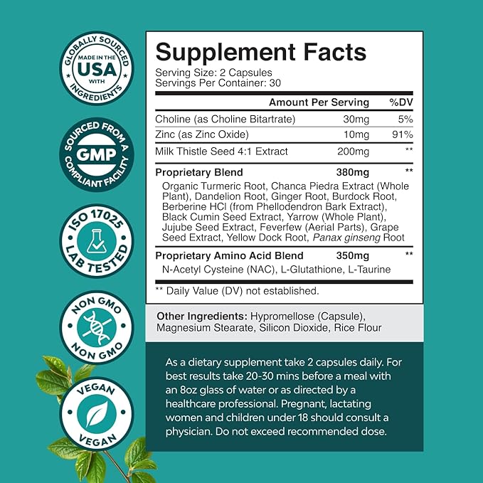 Liver Support NAC Supplement with Milk Thistle Extract - Herbal Liver Supplement with N Acetyl Cysteine, Artichoke, Choline & Beetroot - Antioxidants for Cleanse, Detox & Repair - 60 Capsules