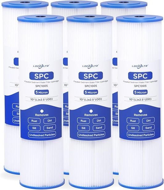 Whole House 5 Micron 10" x 2.5" Pleated Sediment Well Water Filter Cartridge Replacement for ECP5-10, SPC-25-1005, W5CP, FM-5-975, WPC5-975, PWPL10M5, 801-5, SPF-25-1005, PS-27097-05 (Pack of 6)