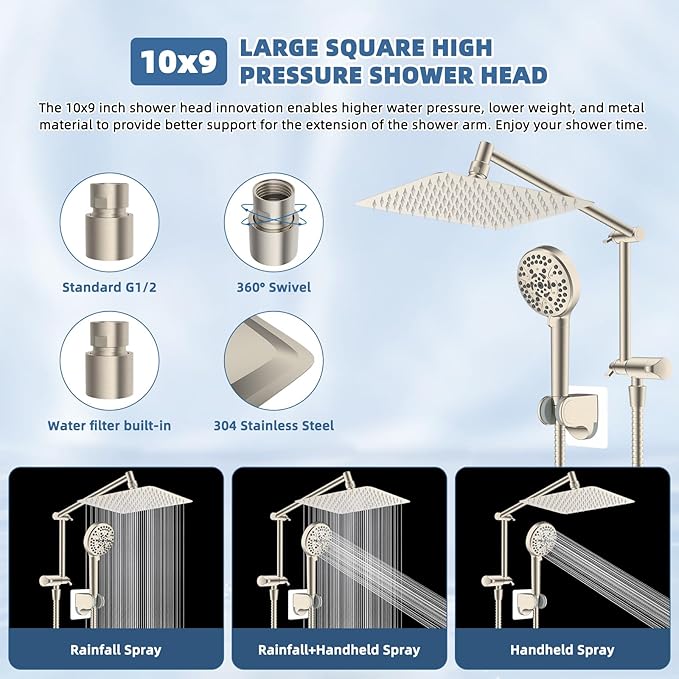 iFealClear Metal Rain Shower Head, 10” High Pressure Rainfall Shower Head with Handheld Spray Combo, 10-Spray Handheld Built-in Power Wash, 16" Shower Extension Arm, 3-Way Diverter, Brushed Nickel