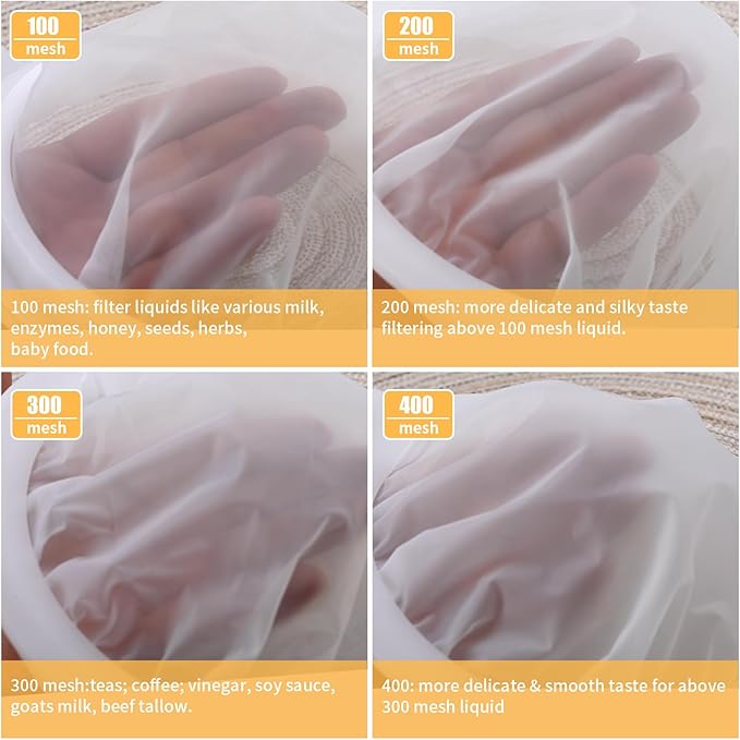 3-Piece Mesh Strainer Set with Handles & Hanging Loops, 100/200/300 Mesh, Nylon & Plastic Sieve for Tea, Coffee, Nut Milk, Juice, Broth, Smoothies, Reusable & Easy to Clean,Durable,Dishwarer Safe