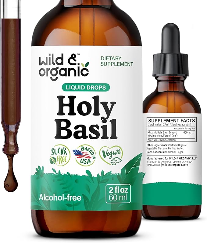 Wild & Organic Holy Basil Leaf Tincture - Relaxation, Calmness, Mood Support - Tulsi Holy Basil Supplement - Vegan, Sugar & Alcohol-Free Herb Extract Drops - 2 fl oz