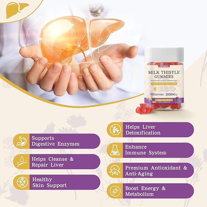 Milk Thistle Gummies with 2000MG Extract, Liver Health Support Gummies, Silymarin Milk Thistle Supplement with Artichoke, Dandelion, Turmeric Curcumin, No Sugar, for Adults, Vegan, 180 Count