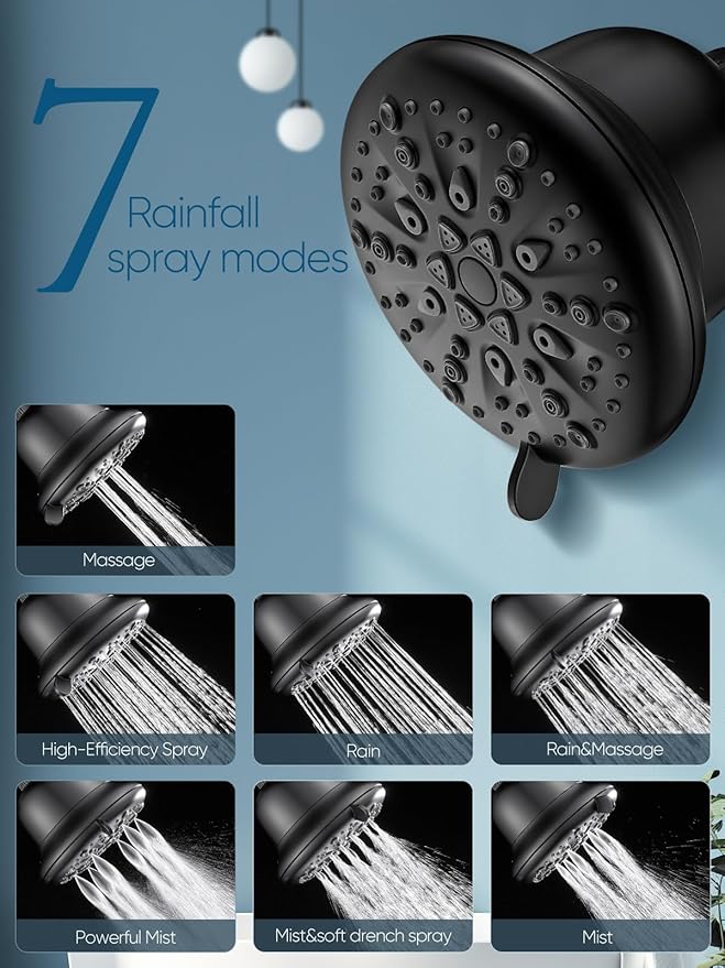 Cobbe Filtered Shower Head, 7 Modes High Pressure Shower Heads - 16 Stage Shower Head Filter for Hard Water for Remove Chlorine and Harmful Substances (Midnight Black Matte, 5 Inch Round)