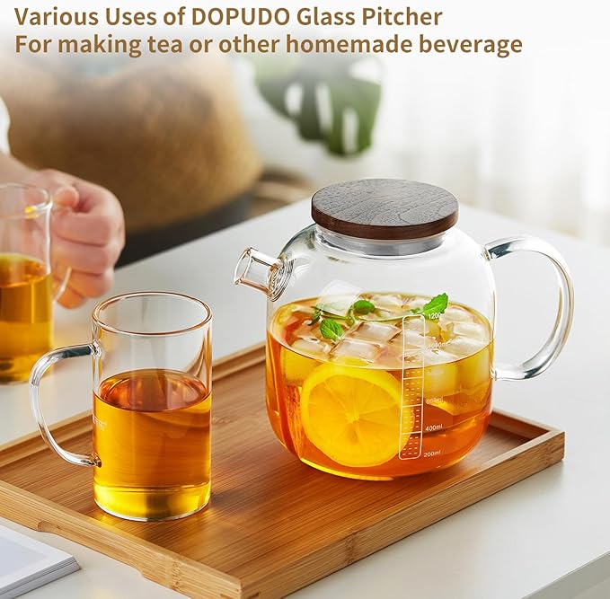 Glass Pitcher with Lid and Spout, 40OZ Glass Water Jug, Glass Carafe for Hot/Cold Water, 1200ml Glass Water Pitcher for Fridge, Glass Teapot, Large Iced Tea Pitcher for Homemade Beverage