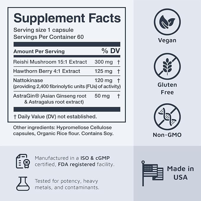 Heart Tune Supplement with Nattokinase, Hawthorn & Reishi for Men & Women - Heart Health, Circulation, Blood Pressure, & Cardiovascular Health Support Supplements with AstraGin, 60 Caps, 1 Pack