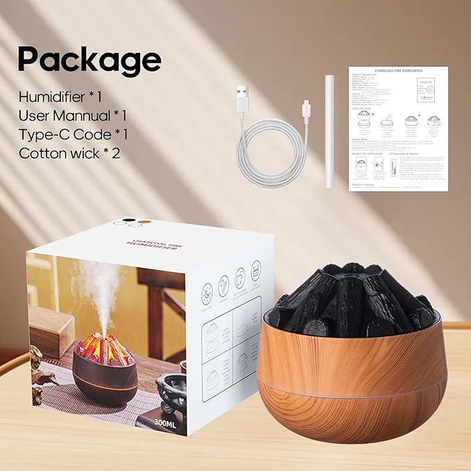 Flame Essential Diffuser Bonfire Humidifier 300ml Ultra-Quiet Auto-Off Aromatherapy Diffuser Campfire Flame Fire Diffuser for Home, Office or Gym - Wood Grain